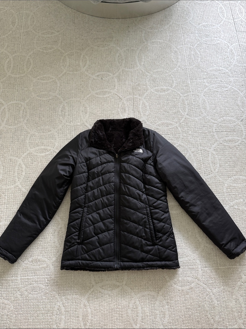 North Face Women’s Black Quilted Reversible Puffer Jacket with Faux-Fur Lining